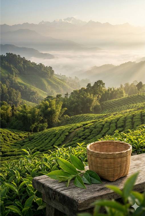 Theeplantages in het mistige Pinglin district, Taiwan